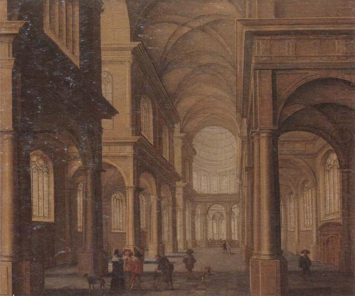 The interior of a reformed church,with a beggar soliciting alms from an elegant company, Jan Van Vucht